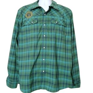 Stio Men Eddy Performance Shirt Pearl Snap Green Plaid Long Sleeves Outdoors